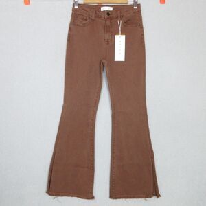 Risen Jeans Womens 7/28 Split Hem Flare Jeans Raw Frayed Hem Brown Stretch‎